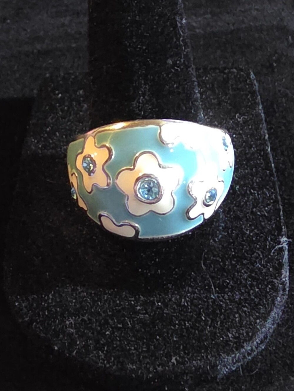 Turquoise Flower Enamel Dome Ring with Blue Crystals - Women Jewelry